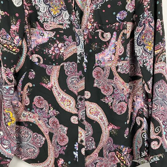 Express Womens Portofino Shirt Black Pink Paisley Print Art Button Up Down sz XS - Picture 5 of 9